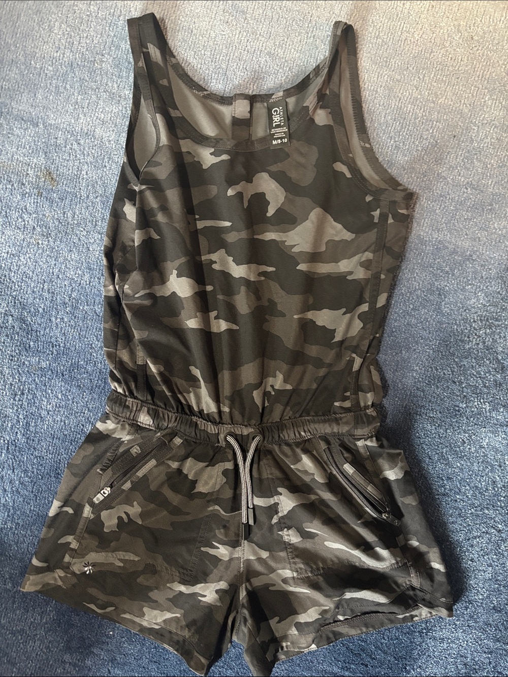 Athleta sz 8-10 Girls Charcoal Camo Drawstring Romper